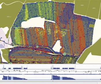 Jak je možné, že máme tak utuženou půdu? I na tuhle otázku může systém Itineris pomoci nalézt odpověď. Příčinou může být způsob a organizace nasazování mechanizace při jednotlivých pracích. Zde je příklad práce 5-ti traktorů na jedné parcele během dvou dnů při jarní přípravě a setí. Zde čtyři traktory připravovaly půdu a pátý traktor prováděl setí (každý traktor je znázorněn jinou barvou).